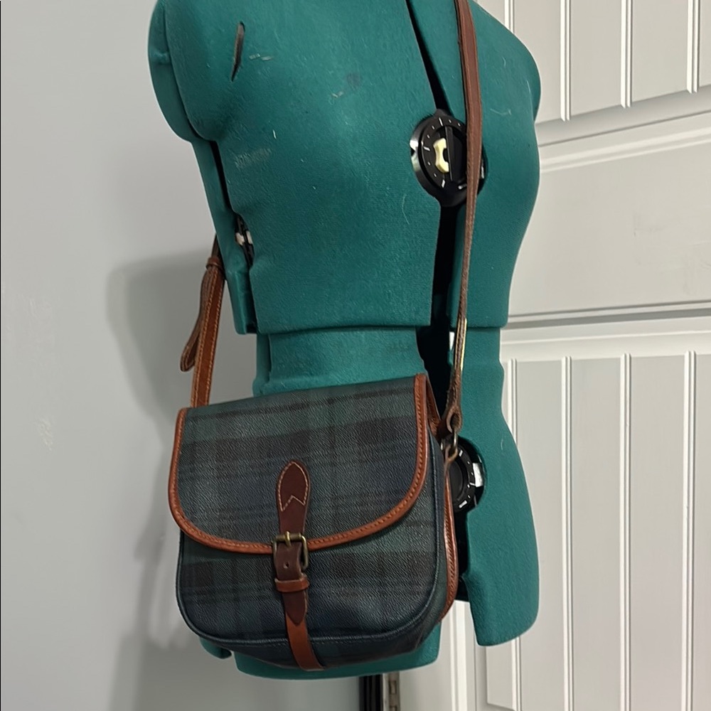 VINTAGE Ralph Lauren Plaid Crossbody Bag with Brown Leather Accents